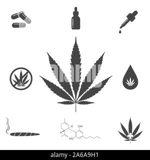 Marijuana cannabidiol CBD oil vector icon set in flat style and in black and white 9 pcs Stock Vector