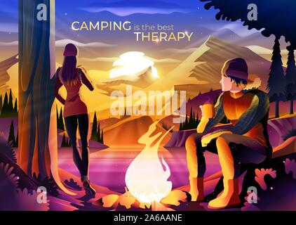 An imagery illustration of a couple camping on a lake surrounded by beautiful mountains. Both of them are enjoying coffee in the morning on a cold day Stock Vector