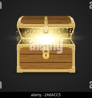 Opened realistic wooden chest with golden light Stock Vector