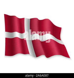 3D Realistic waving Flag of Denmark on white background Stock Vector