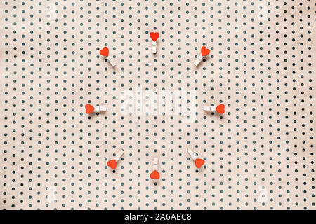 hearts on a crafting polka dot background. Holidays concept. Flat lay, top view, copy space. Valentine's Day background.  Stock Photo