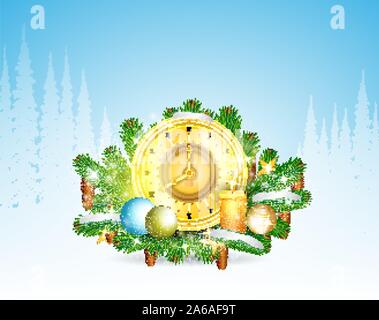 Clock with candles stand on snowy fir tree branches. Christmas horizontal background Stock Vector