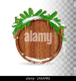 round wood border with snowy fir tree branch cones and presents on blue ...