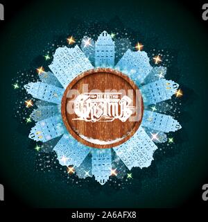Vintage houses around wooden round frame. Christmas vector background Stock Vector