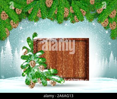 Square wood border stand on snow under fir tree branch on winter frost landscape. Christmas horizontal background Stock Vector