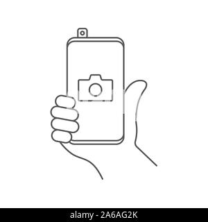Mobile phone photography camera line icon. Outline vector sign, linear style pictogram isolated on white. Smartphone camera symbol, logo illustration Stock Vector