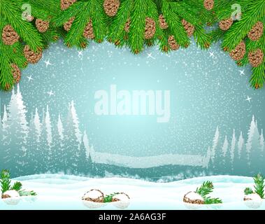 Winter frost landscape with fir tree branch on top and snow with cone. Christmas horizontal background Stock Vector