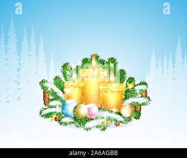 Winter frost landscape with three candels on fir tree branch. Christmas horizontal background Stock Vector