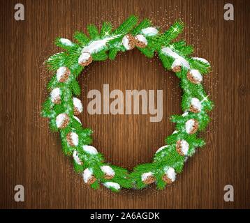 Wreath from cones and fir tree branches with snow on vintage wood background. Winter christmas horizontal background Stock Vector