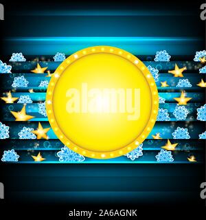 Yellow circle banner on darkblue background with blue snowflakes and golden stars. Vector christmas backdrop Stock Vector