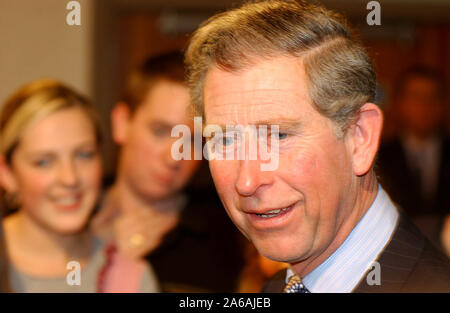 The Prince of Wales pictured today ( Friday 28/2/03 ) during a visit to Pyle Life Centre near Bridgend, South Wales, where he watched Bridgend Youth Theatre perform a piece entitled “Heart of the Matter” which they have produced with the help of The Welsh National Opera. Stock Photo