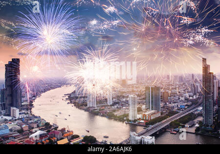 fireworks over Bangkok downtown  New Year destination Stock Photo