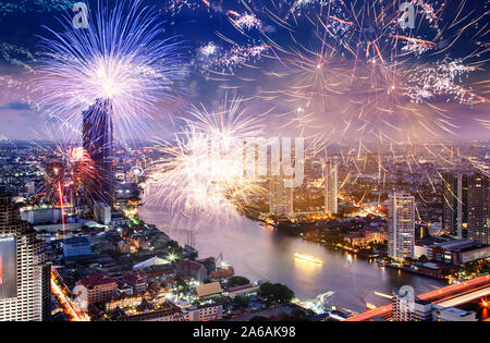fireworks over Bangkok downtown  New Year destination Stock Photo