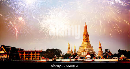 fireworks over Bangkok Wat Arun  New Year destination Stock Photo