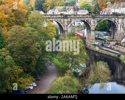 Autumn trees along Long Walk and the Railway Viaduct from the Castle Grounds at Knaresborough North Yorkshire England Stock Photo