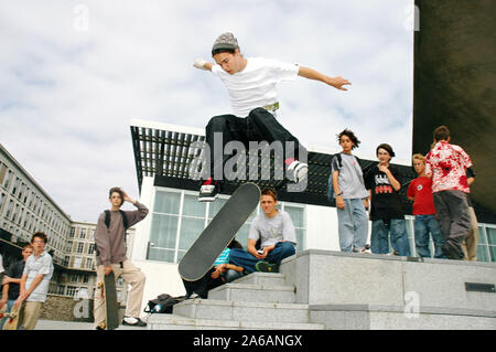 Skateboard session in the French city of Le Havre in the summer of 2005. Stock Photo