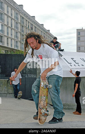 Skateboard session in the French city of Le Havre in the summer of 2005. Stock Photo