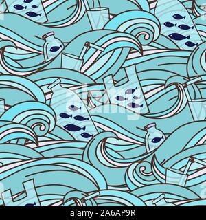 Fish swimming in a ocean full of garbage. Plastic garbage, bag, bottle, plastic conteners, straws and cutleryin the ocean. Vector illustration. Seamless pattern background Stock Vector