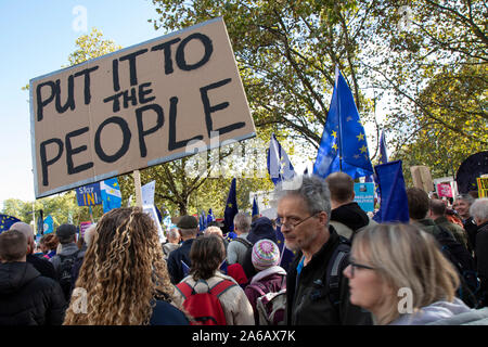 Together for the final say march for a People’s Vote on 19th October 2019 in London, United Kingdom. On this day parliament will be sitting on a Saturday for the first time since the 1980s, as time runs out before the PM is supposed to ask the EU for a three month extension by law under the Benn Act. With less than two weeks until the UK is supposed to be leaving the European Union, the final result still hangs in the balance and protesters gathered in their hundreds of thousands to make political leaders take notice and to give the British public a vote on the final Brexit deal, with the aim Stock Photo
