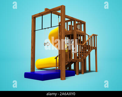 Modern wooden playground for kids with big yellow spring slide 3d render on blue background with shadow Stock Photo