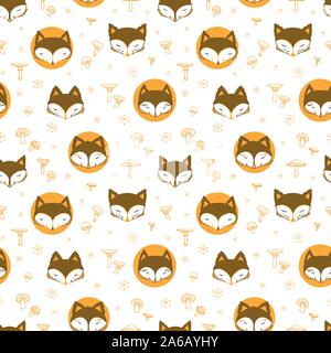 Cute fox seamless pattern, wolf hand drawn forest background with mushroom and stars, vector illustration Stock Vector