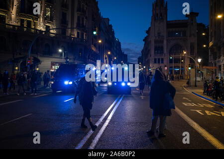 Several vehicles of the autonomous police follow the demonstration against the repression to the young people and in defence of freedom. Stock Photo