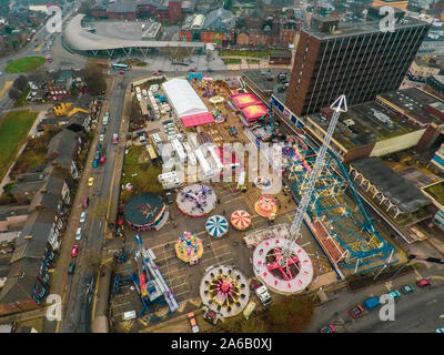 Aerial view, drone images of Winter Wonderland near the city centre, an annual Christmas and January funfair with rides and amusements Stock Photo