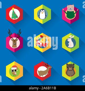 vector set of Christmas ornament, Christmas tree and cute cartoon animal character for winter seasonal decorated Stock Vector