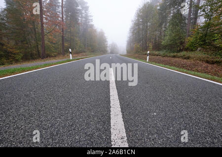 Diminishing perspective of a lonesome empty countryside road with delineators and a bicycle path along leading through a forest with dense fog. Seen i Stock Photo