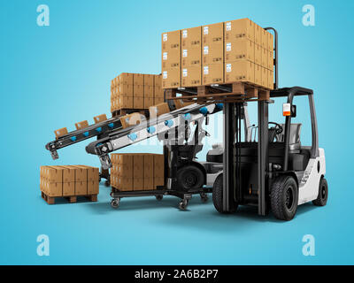 Modern loading forklift products in paper boxes on wooden pallets 3d ...
