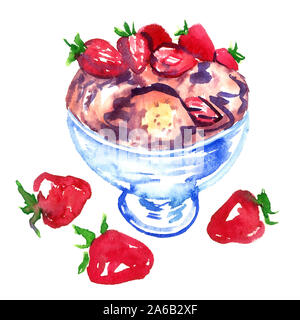 Ice cream in bowl with strawberries isolated on white, hand painted watercolor illustration design element for invitation, card, print, posters Stock Photo