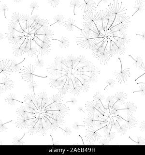 Hand drawn seamless pattern. Vintage paper art illustration with black dandelion seamless on soft white background. Abstract ornamental floral Stock Vector