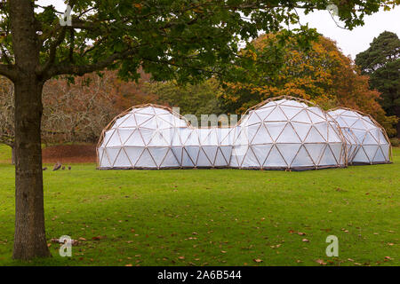 Poole, Dorset UK. 25th Oct 2019. Opening day for people to visit Michael Pinsky's Pollution Pods on Brownsea Island to experience the air quality, smell and temperature of five cities - London, Sao Paulo, Tautra, Beijing & New Delhi.  Visitors get to feel the sensation of breathing toxic air, with no risk to their health as they walk through a series of domes, that millions worldwide are faced with daily. The event is a collaboration between Activate & Cape Farewell, hosted by National Trust, engaging with local children and students about climate.  Credit: Carolyn Jenkins/Alamy Live News Stock Photo