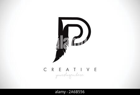 P Feather Letter Logo Icon Design With Feather Feather Creative Look Vector Illustration in Black and White Colors. Stock Vector