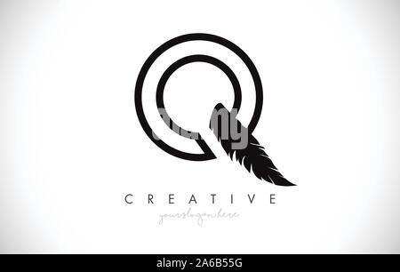 Q Feather Letter Logo Icon Design With Feather Feather Creative Look Vector Illustration in Black and White Colors. Stock Vector