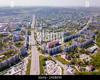 Scenic view from drone of modern cityscape of Russian city of Stary Oskol with Orthodox Cathedral of Alexander Nevsky Stock Photo