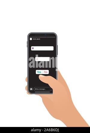 Slider emoji in social media. Interface a poll. Template a poll for stories in popular social media. Phone in male hand. Vector. Stock Vector