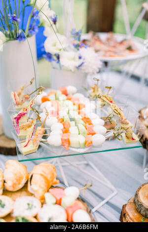 catering services background with snacks on the table in restaurant at event party or wedding dinner outdoors Stock Photo