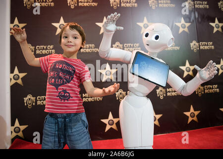 BRATISLAVA, SLOVAKIA - OCT 25, 2019: Robot PEPPER demonstrates its skills to visitors at the mall in Bratislava, Slovakia