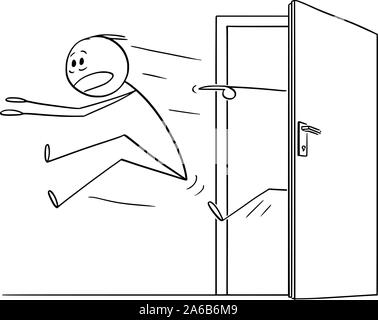 Vector cartoon stick figure drawing conceptual illustration of man or businessman kicked out of the door. Stock Vector