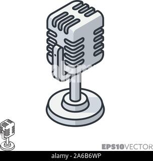 retro chrome microphone isometric icon, outline and filled audio and broadcast symbols. Speech and communication concept vector illustration. Stock Vector