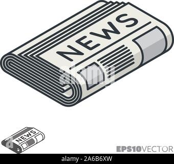 Flat rolled newspaper isometric icon, outline and filled printed media symbols. Information and communication concept vector illustration. Stock Vector