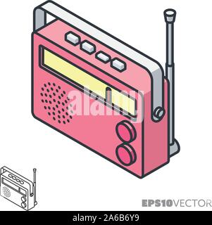 Portable radio isometric icon, outline and filled audio device symbols. Music and broadcasting concept vector illustration. Stock Vector