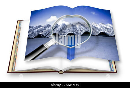 Analysis of the compounds of a dangerous asbestos roof - concept image with magnifying glass - 3D rendering concept image of an opened photo book isol Stock Photo