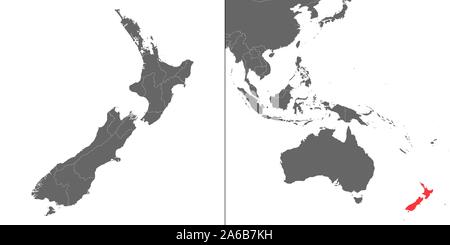 Map of New Zealand with location on oceania map Stock Vector