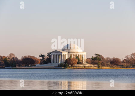 Thomas Jefferson Memorial with Tidal Basin lake in front during the sunset, Washington D.C. Stock Photo