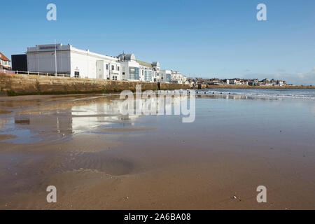 Bridlington spa theatre on the south promenade seen from the south beach, East Yorkshire, England, UK Stock Photo