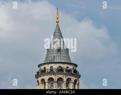 ISTANBUL TURKEY THE GALATA TOWER IN KARAKOY DISTRICT PEOPLE ON THE VIEWING PLATFORM AT THE TOP OF THE TOWER Stock Photo