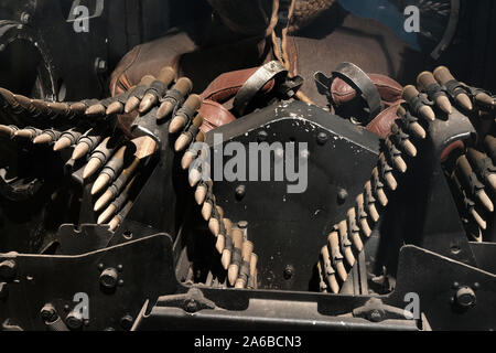 Yorkshire air museum display of rear gunners position in a large British four engine heavy bomber. Man is a dummy. Stock Photo