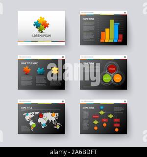 Vector dark Template for presentation slides with graphs and charts Stock Vector